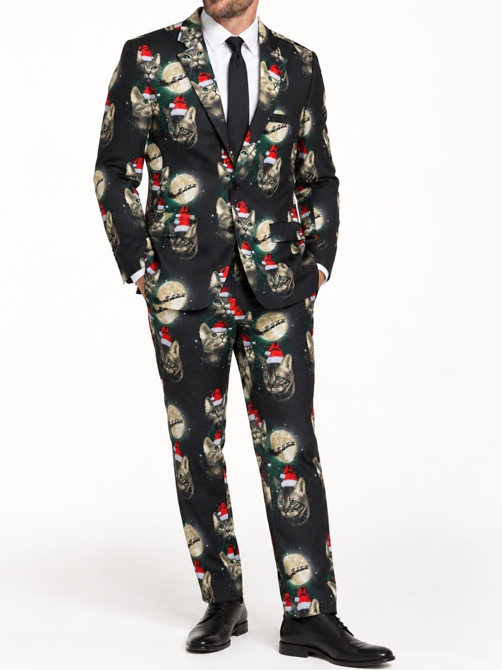 Life of the Party Men's Black Holiday Cat Fun Print Blazer & Pant Suit Size XXL